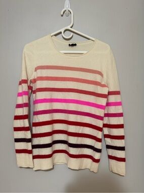 Talbots Pure Cashmere Cream Crewneck Sweater with Pink and Red Stripes
